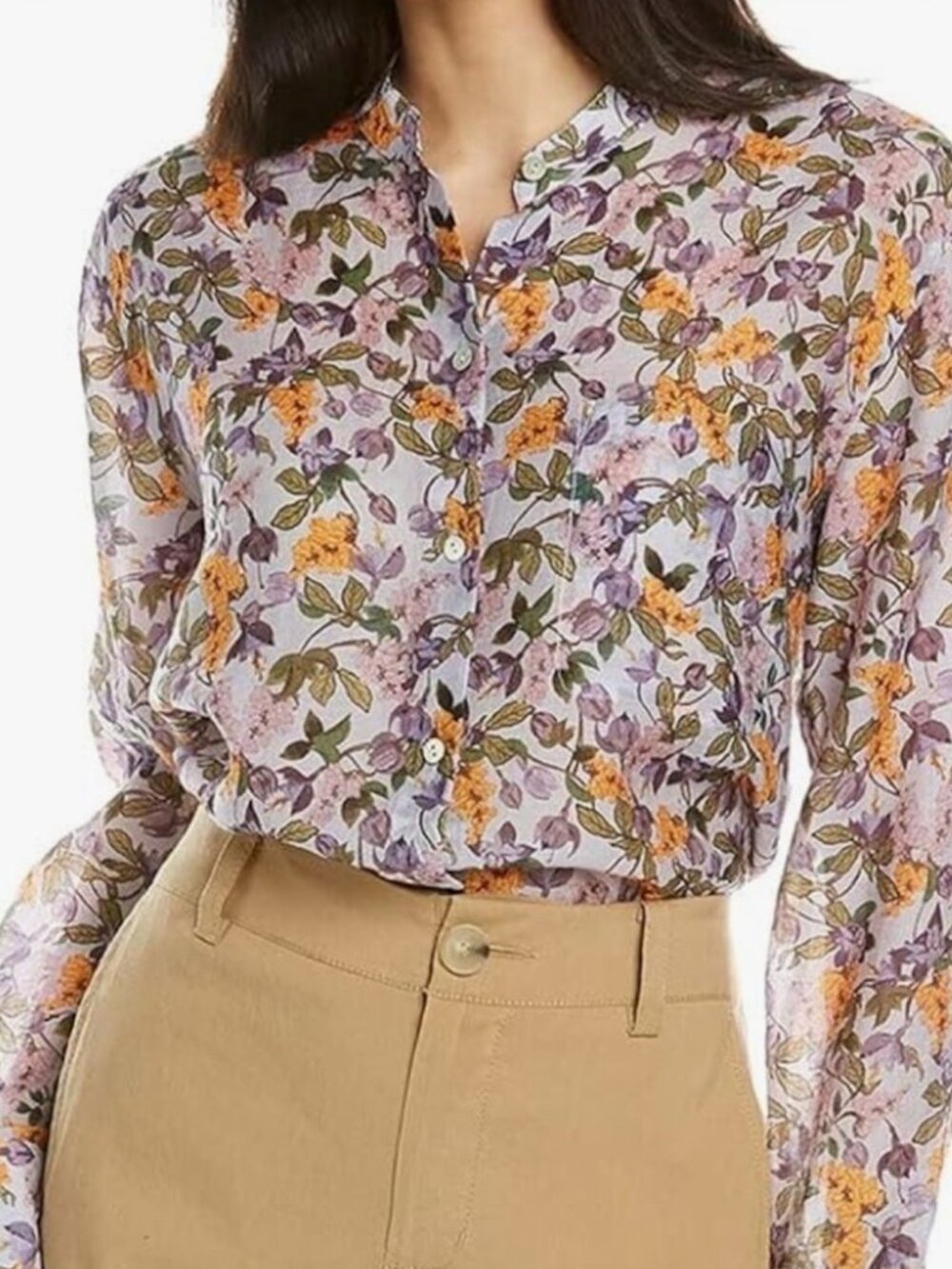 Vince Floral Purple Wisteria Sheer Relaxed Band Collar Button Down Blouse, sz M